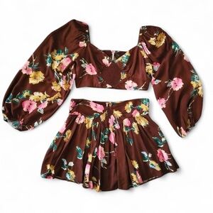 Free People Floral Long Sleeve two piece set- Brown and Pink